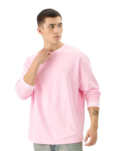The Souled Store Solids: Pastel Pink Men And Boys Round Neck Full Sleeve Cotton Oversized T-Shirts
