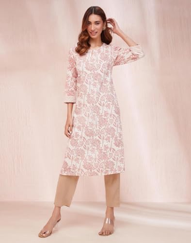 Fabindia WomenS Cotton Printed Regular Kurta (1035798Natural- Off White-Red