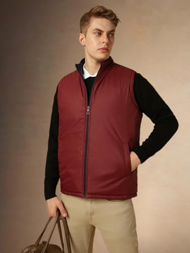 Dennis Lingo Men Navy Blue Solid Regular Fit Sleeveless Mock Collar Padded Jacket