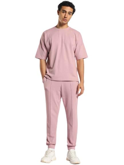 Nobero Men Cotton Blend Solid Mauve Oversized Moses - Pink Popcorn Textured Co-Ord Set - Crew-Neck T-Shirt & Joggers Set