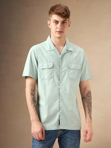 Dennis Lingo MenS| Green| Half Sleeve| Cuban Collar| Solid| Regular Fit| Casual Shirt