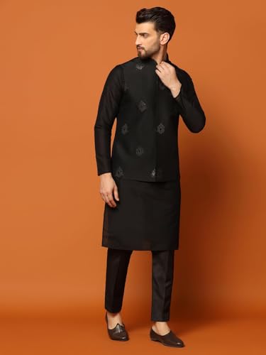 Kisah MenS Kurta Jacket Trousers Set Cotton Blend, Embroidered, Full Sleeves, Straight, Regular Fit, Mandarin Collar Ethnic Wea