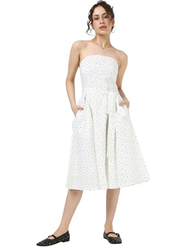 Bewakoof WomenS All Over Printed Regular Fit Sleeveless Strapless Cotton Slub Midi Dress_659906_White_M