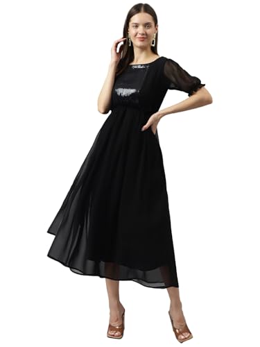 Toochki Kurti for Women| Women Kurti | One Piece Kurti for Women Long | Flared Sequince Work Kurti | Black Fit and Flared Kurti | Midi Length Kurti | Western Kurti (TKCBL-GE-136-BK-KR $Parents)