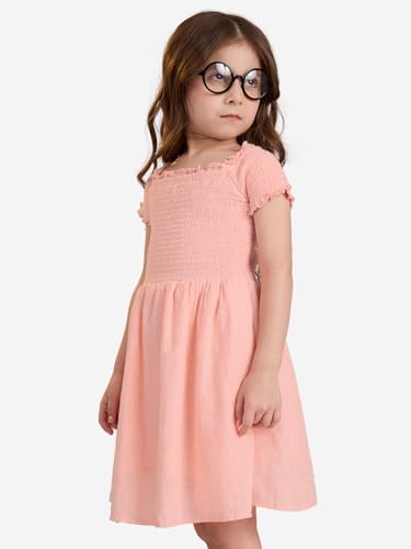 The Souled Store Solids: Fuzzy Peach Girls Square Neck Short Sleeves Knee Length Cotton Dresses