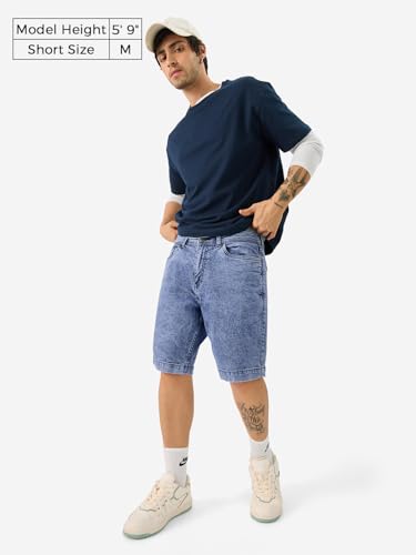 The Souled Store Denim: Blue Cloud Men and Boys Buttoned Regular Fit Cotton Blend Denim Shorts