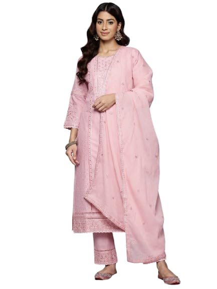 VARANGA Women Peach Floral Thread Embroidered Sequins Embellished With Lace Deatiled Kurta With Bottom And Dupatta