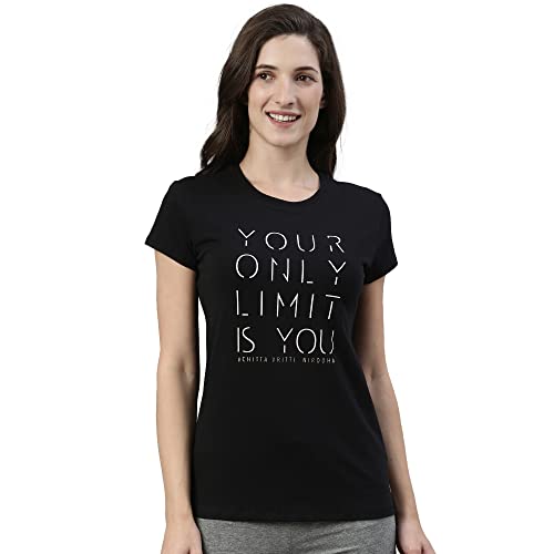 Enamor Essentials Womens Short Sleeve Crew Neck Slim Fit Breathable Stretch Cotton Tee With Graphic - E147(E147-Jet Black /Limi