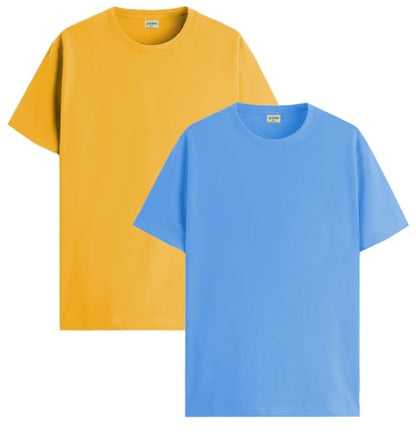 ADRO Men's Solid Regular Fit T-Shirt (RCM2-PLN-MU-SK_Mustard,Sky Blue