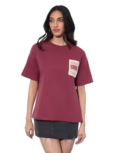 The Souled Store Oversized T-Shirt: Emergency Women and Girls Short Sleeves Round Neck Red Embellished Cotton Oversized T-Shirts
