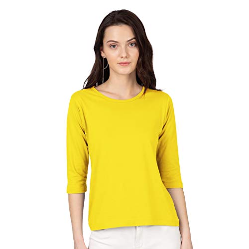 Bewakoof Womens Cotton Solid Pineapple Yellow 3/4th Sleeves | Round Neck | Regular Fit TYellow 17, S