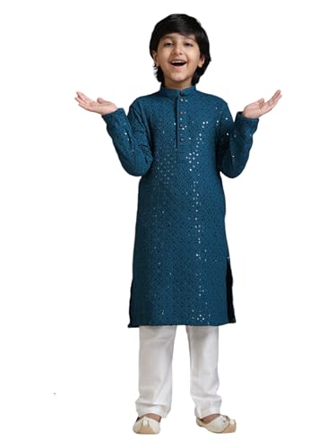 Manyavar Boys Viscose Chikankari Sequined Kurta Pyjama Set (2Pcs)(5-6 Years)