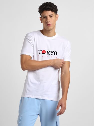 Nobero MenS Typography Regular Fit T-Shirt (1M-Twts-C0836-Pbl_White-Tokyo