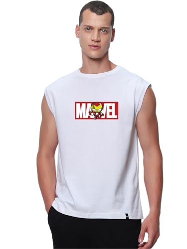 Bewakoof Official Marvel Merchandise MenS Graphic Print Boxy Fit Sleeveless Round Neck Cotton Vest_684019_White_Xl