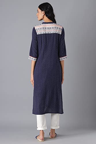 Aurelia Women's Cotton White Geometric Band Collar Straight Kurta
