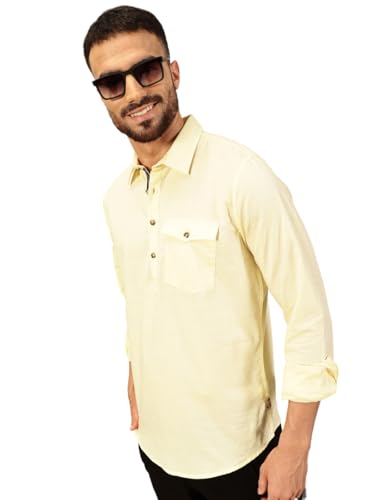 Thomas Scott Men Solid Cotton Linen Kurta Shirt (Ts1531_Lemon, Xl)