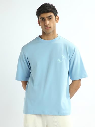 Nobero MenS Printed Oversized Fit T-Shirt (1M-Twrt-R0006-Ozpm_Powder Blue_1