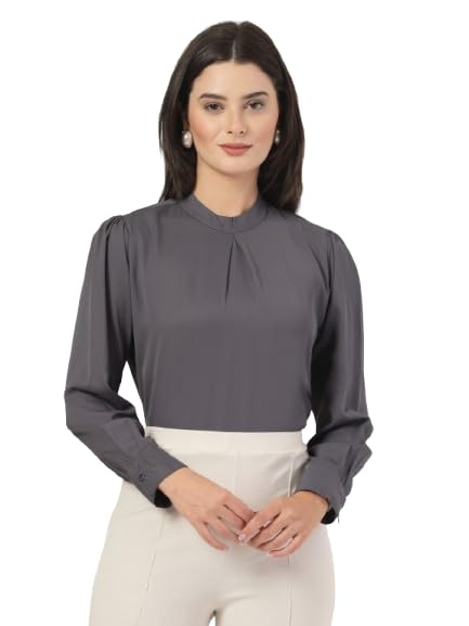 Style Quotient Women Solid Grey Polymoss Regular Pleated Top