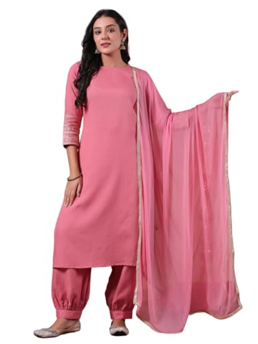 anubhutee Women's Coral Solid Cotton Blend Straight Kurta with Salwar & Dupatta
