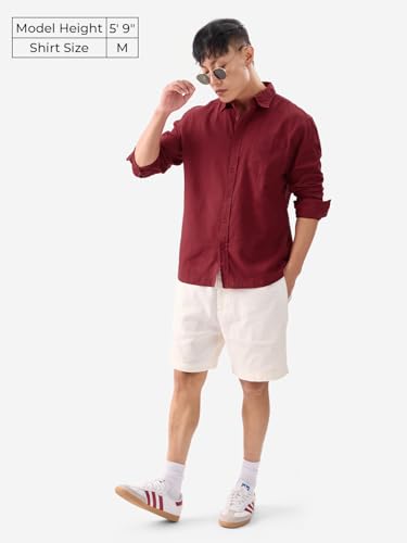 The Souled Store Maroon Mens And Boys Long Sleeves Collared Neck Button Front Oversized Fit Cotton Linen Shirt