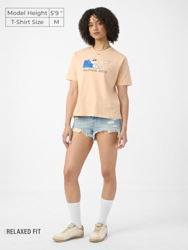 The Souled Store Peanuts: Vacation Mode Women and Girls Short Sleeves Round Neck Beige Graphic Printed Cotton Relaxed Fit T-Shir