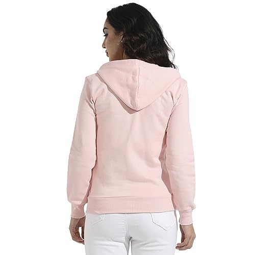 Campus Sutra Womens Light Pink Zip-Front Hoodie with Ribbed Hem for Casual Wear | Hooded Neck | Long Sleeve | Zipper Closure |