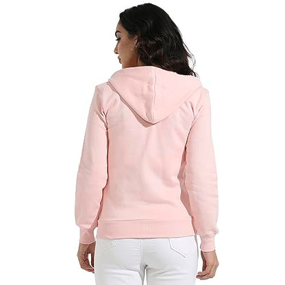 Campus Sutra Womens Light Pink Zip-Front Hoodie with Ribbed Hem for Casual Wear | Hooded Neck | Long Sleeve | Zipper Closure |