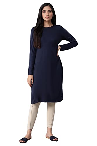 W for Woman Women's Acrylic Dark Blue Slim Fit Winter Dress Knee-Length