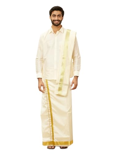 Manyavar Mens Cream Art Silk Solid Kurta Veshti Set