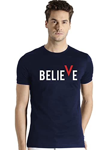 ADRO Men's Believe Design Printed T-Shirt (S, Navy Blue)