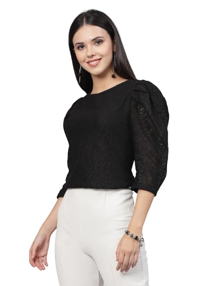 Style Quotient Women Black Self Design Floral Lace Regular Smart Casual Top