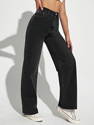TOPLOT Women's High Rise Wide Leg Bell Bottom Jeans, Grey, Size 32, Model Straight-Jeans-5204