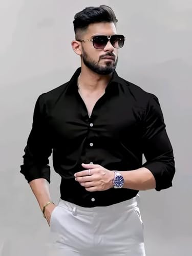 Indoprimo MenS Cotton Shirt With Spread Collar Neck Line Solid Pattern Full Sleeves Regular Fit And Standard Length Black