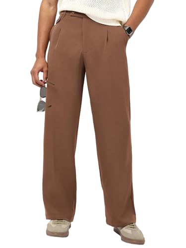 Bewakoof MenS Solid Loose Fit Polyester Blend Korean Casual Pants_684254_Brown_2Xl