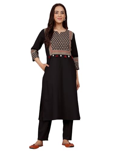 Varanga Women Jaipuri Ethnic Printed Yoke Straight Kurta Black