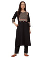 Varanga Women Jaipuri Ethnic Printed Yoke Straight Kurta Black