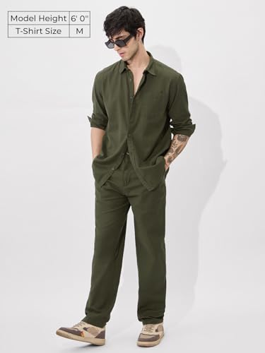 The Souled Store Solids: Olive Green Men And Boys Collared Neck Long Sleeve Button Front Regular Fit Cotton Linen Shirts Solid S