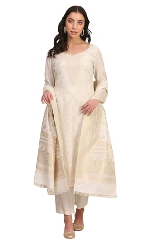 Aurelia WomenS Solid Bead Embellished Flared Off White Kurta, Palazzo And Dupatta Set (Size: L)-Ad15574-705518
