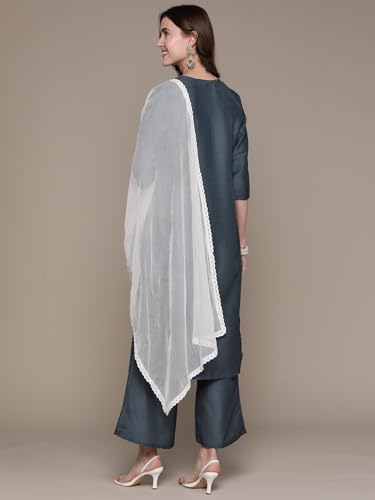 ZIYAA Women Women's Grey Chinon Kurta, Palazzo And Dupatta Set