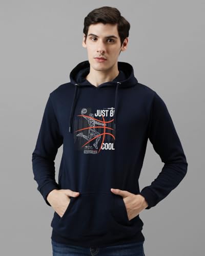 ADRO Mens Cotton Blend Neck Hooded Sweatshirt (H24-BCL-NB_Navy Blue