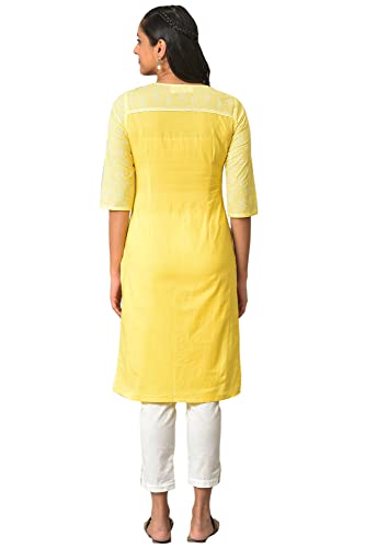 Aurelia Womens Cotton Regular Yellow Floral Printed V-Neck Kurta (23FEA13899-506697