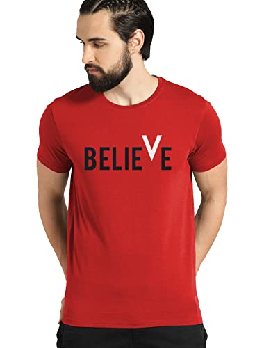 ADRO Men's Believe Design Printed T-Shirt (S, Red)