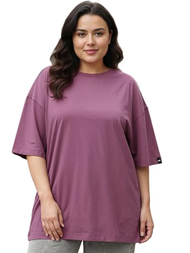 Bewakoof Women Solid Oversized Fit Half Sleeve Round Neck Cotton Jersey Plus Size T-Shirt_646632_Purple_3Xl