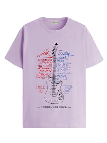 ADRO Guitar Design Printed T-Shirt for Men - 100% Cotton, Regular Fit, Soft Breathable Fabric | RN23-M-GTR-PU-XL Purple