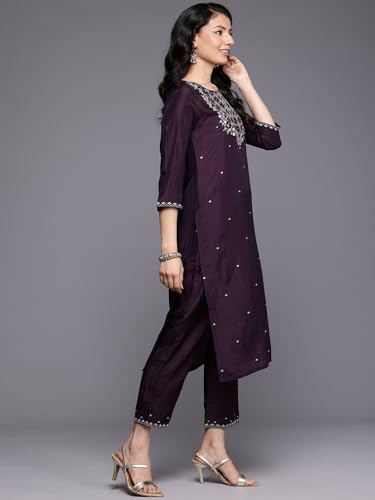Varanga Women Purple Thread Embroidered Sequins Embellished Straight Kurta Paired With Bottom And Dupatta