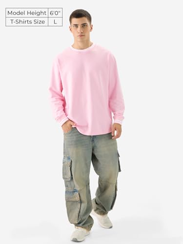 The Souled Store Solids: Pastel Pink Men And Boys Round Neck Full Sleeve Cotton Oversized T-Shirts