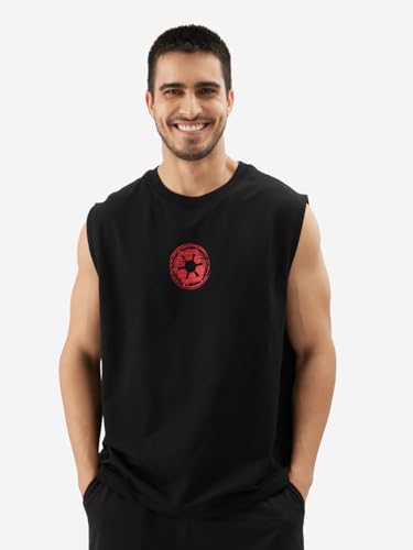 The Souled Store Official Star Wars: The Death Star Round Neck Sleeveless Black Graphic Printed Regular Fit Cotton Vests For Men