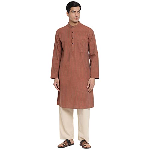 Fabindia Men Cotton Striped Slim Fit Long Kurta Brown_S