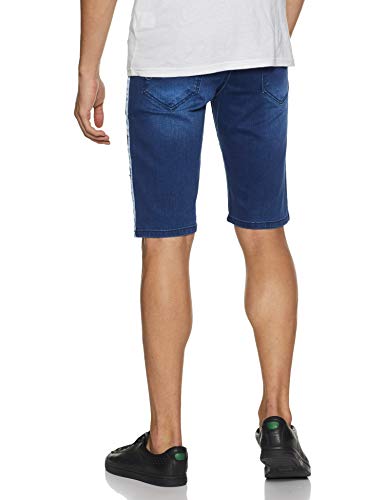 Campus Sutra Mens Classic Blue Medium-Washed Distressed Side Striped Regular Fit Denim Shorts | Mid-Rise Stretchable Cotton Deni