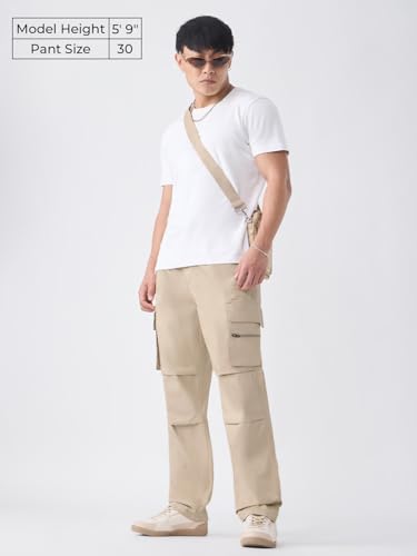 The Souled Store Cargo Pants: Creamy Beige Men and Boys Adjustable Buckle Waist Solid Cotton Twill Lightweight Everyday Straight